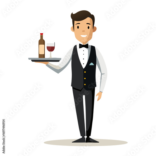 Illustration of a waiter holding a tray with wine bottle and glass, , showcasing service