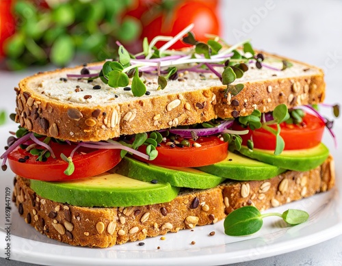 Fresh Avocado and Tomato Sandwich with Microgreens on Whole Wheat Bread