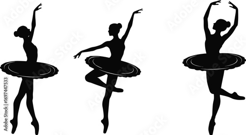 Graceful ballet dancers silhouettes, elegant ballerinas performing classical poses, dance art, black and white vector, ballet performance illustration