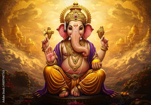 Colorful Lord Ganesha Statue with Golden Accessories in Mythical Cloudy Landscape