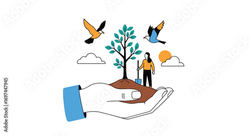 People planting trees in the palm of a hand under the sun with birds flying overhead symbolizing growth and environmental protection