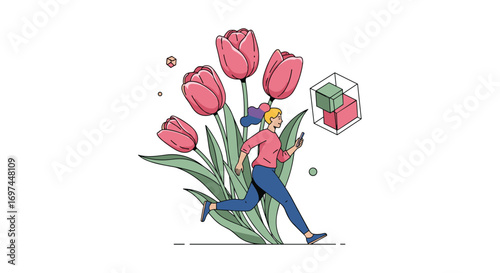 Young woman running through vibrant tulip flowers with abstract 3d shapes floating nearby representing digital concepts and growth