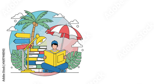 Discovering the joy of reading under a palm tree with a beach umbrella and many books