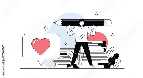 Creative writing enthusiast holding giant pencil amidst stacked books and social media like icon