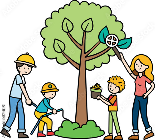 Set of 4 people planting tree icons vector
