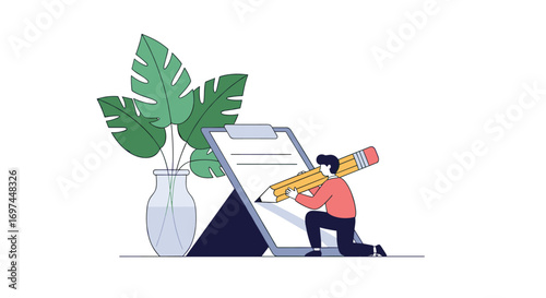 Person writing on a clipboard with a giant pencil illustration representing creativity and productivity