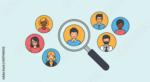 Finding the right person for the job with a magnifying glass and diverse group of people illustration