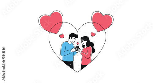 Young couple sharing special moments with each other while staring at their phones inside a heart shape with red hearts floating around them