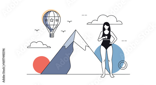 An illustration depicting a woman in a swimsuit standing in front of a mountain with a hot air balloon in the sky