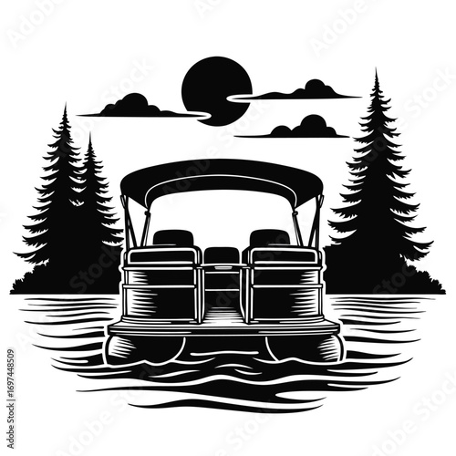 Pontoon Boat on Water with Trees and Sun Silhouette Keywords: pontoon boat, water, lake, river