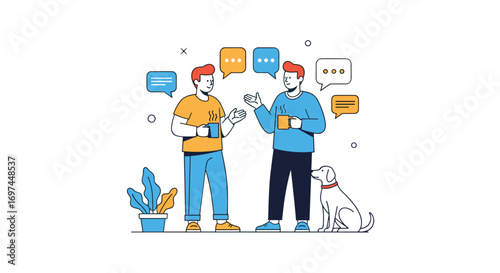Two friends chatting together with a dog sitting nearby in a modern flat illustration style