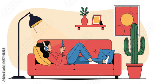 A young woman relaxing on a red couch indoors listening to music with headphones and scrolling on her phone