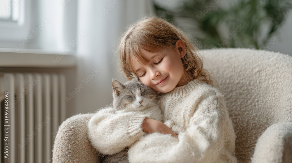 Fototapeta premium young girl cradles her beloved cat in her lap softly singing peaceful lullaby as they relax together