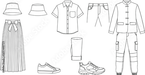 Fashion line art illustration, casual and traditional clothing items, bucket hats, pleated skirt, sneakers, cargo pants, modern outfit design.
