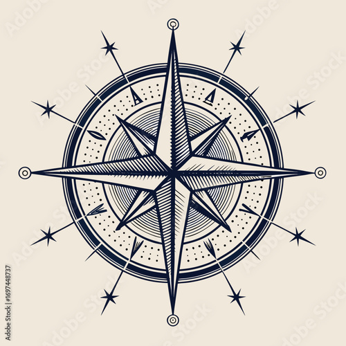 Vintage Nautical Compass Rose — Monochrome Engraved Vector