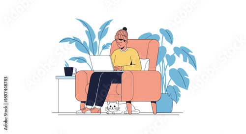 A person working on a laptop while relaxing in a comfortable armchair surrounded by lush green plants
