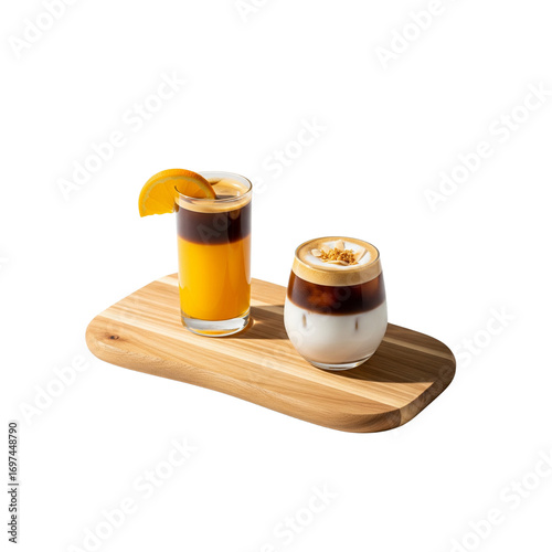 Stylish wooden board serving orange americano, coconut americano glass, white background