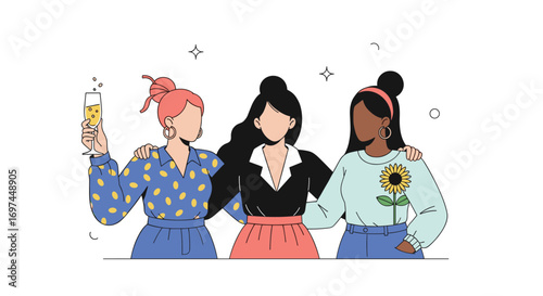 Three diverse women friends celebrating together with champagne and flowers showing unity and happiness