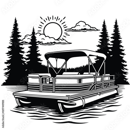 Pontoon boat on wavy water with sun and trees Keywords: pontoon boat, watercraft, lake, river