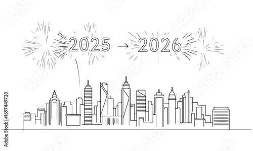 New Year Celebration Cityscape Line Art Transitioning from 2025 to 2026 with Fireworks