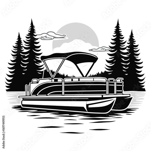 Pontoon boat with canopy on lake surrounded by trees Keywords: pontoon boat, watercraft, lake