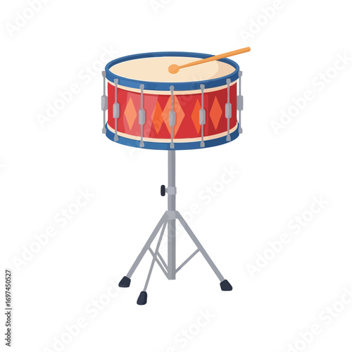 Red toy drum with sticks on stand for kids music education and playtime fun vector