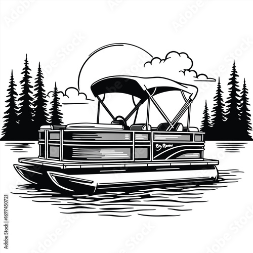 Pontoon boat with canopy on water with trees and sun Keywords: pontoon boat, water, lake, river