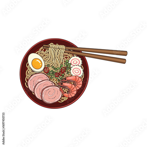Delicious japanese ramen noodles in bowl with chopsticks savory food illustration for asian cuisine vector