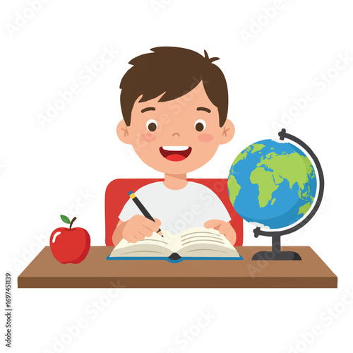 A smiling little boy is happily sitting at a desk with an open book and a colorful globe, an apple resting beside him, rendered in a vibrant flat 2D vector illustration on a clean white background.