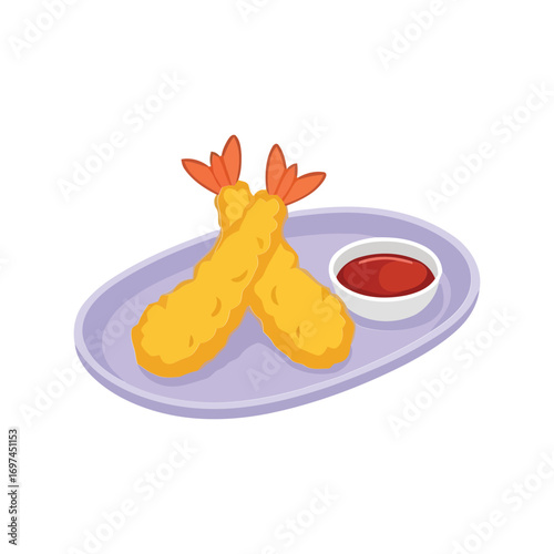 Crispy golden tempura shrimp served on a light purple oval platter with a small dish of red dipping sauce vector