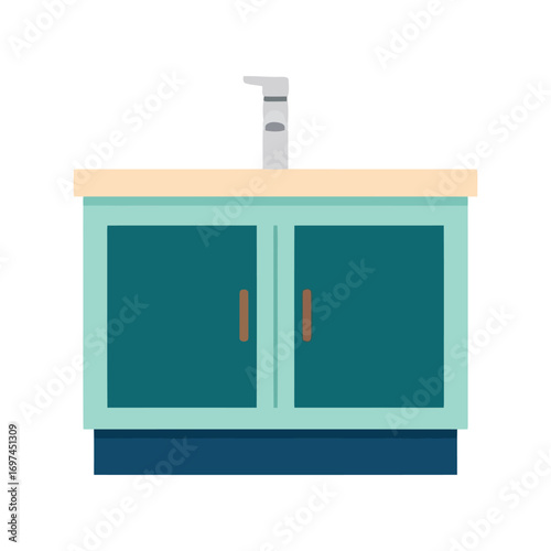 Modern bathroom vanity with teal cabinet double doors and chrome faucet isolated on white vector