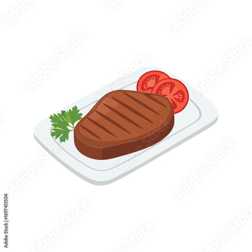 Juicy grilled steak with fresh tomato slices and parsley garnish on white plate vector