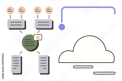 Data nodes linked in a flowchart, central star-rated node, hierarchical layout, connected to a cloud element. Ideal for data organization, cloud storage, flowchart, programming, network