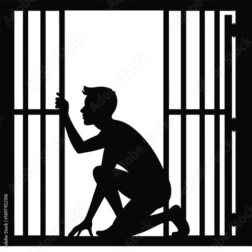 Silhouette of a man crouching and reaching through prison bars Keywords: silhouette, man