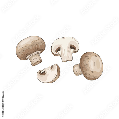 Fresh whole and sliced button mushrooms for healthy cooking food ingredient vector