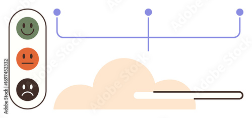 happy faces gauge mood in traffic light-style layout, connecting to progress bar above cloud. Ideal for feedback, analytics, surveys, UX design, mood tracking, decision-making, simple flat metaphor