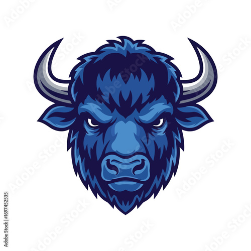 Fierce blue buffalo mascot head strong wild animal power symbol icon graphic design vector