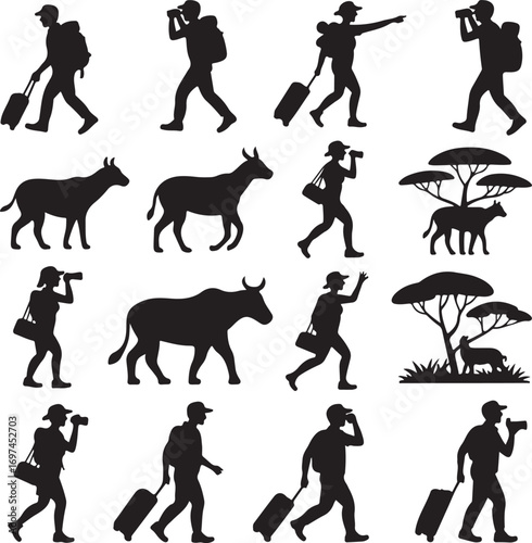 Silhouette Collection of Travelers and Safari Animals Keywords: traveler, safari, animal