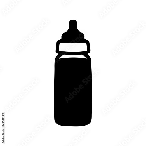 Black silhouette of a baby bottle against a white background for nourishment