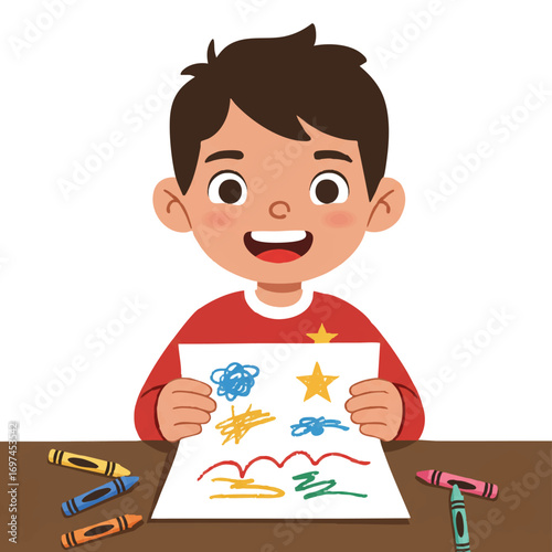 Smiling child in vibrant 2D flat vector illustration with clean outlines proudly displays a colorful drawing, crayons scattered on table, a star sticker on shirt, on white background.