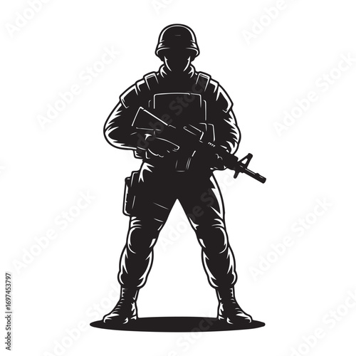 Silhouette of Armed Soldier in Combat Gear Holding a Vector