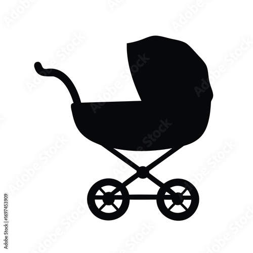 Silhouette of a classic baby carriage or pram on a white background