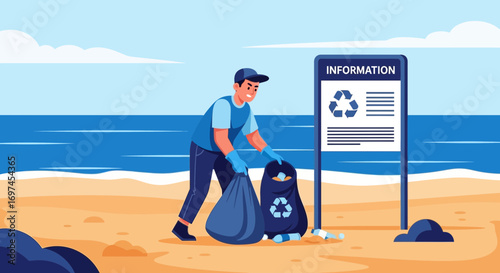 Volunteer cleaning beach illustration raising awareness about environmental sustainability and