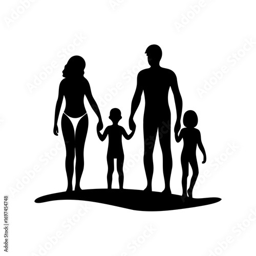 Silhouette of family with two children holding hands on summer beach