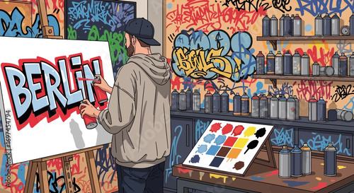 Creative graffiti artist painting Berlin artwork in studio with spray cans and colorful palette