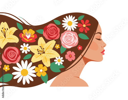Gorgeous woman silhouette, floral hairstyle for the season. Vector art designed for easy editing and personalized coloring.


