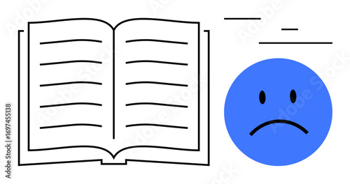 Open book with blue sad face expressing frustration or confusion, ideal for learning challenges, education issues, reading struggles, personal growth, understanding barriers, self-reflection, simple