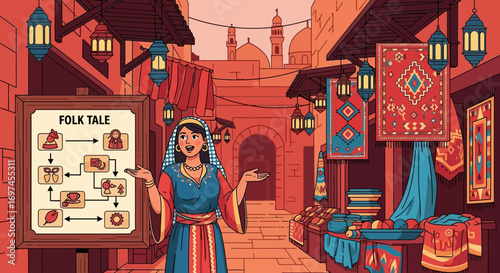 Vibrant Illustration of a Folk Tale in a Bustling Middle Eastern Market Setting with Storytelling