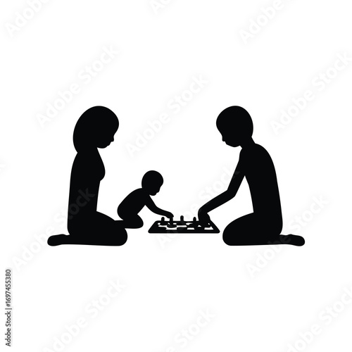 Silhouette of family playing board game together on the floor spending time
