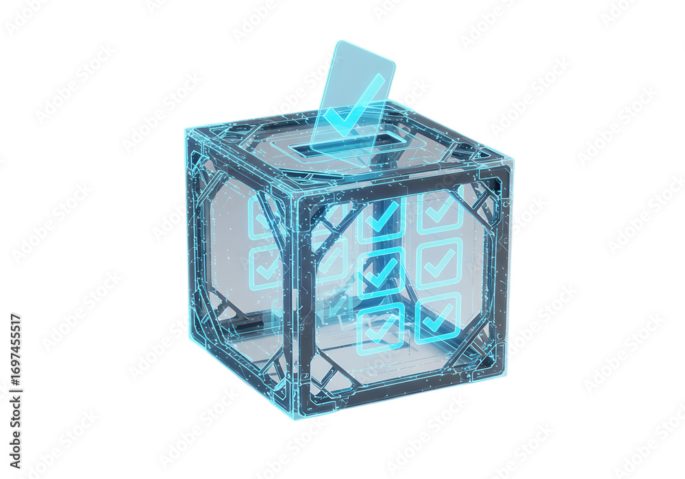 Fototapeta premium Futuristic transparent voting box with holographic ballot isolated on transparent background
